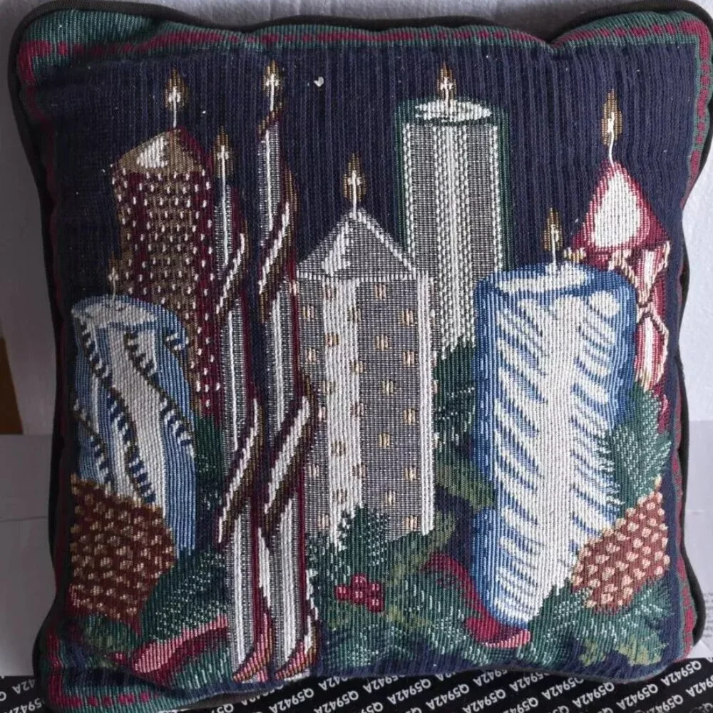 Christmas Tapestry Candle Garland Pine Cone Pillow 12 x 12